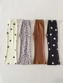 4 件套年轻女孩喇叭裤，波尔卡圆点，豹纹，千鸟格，纯黑色复古时尚百搭紧身裤，适合春、夏、秋、冬