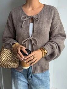 Livesso Áo len nữ buộc dây trang trí thường ngày mùa thu - Volcanic Gray - Xem 1