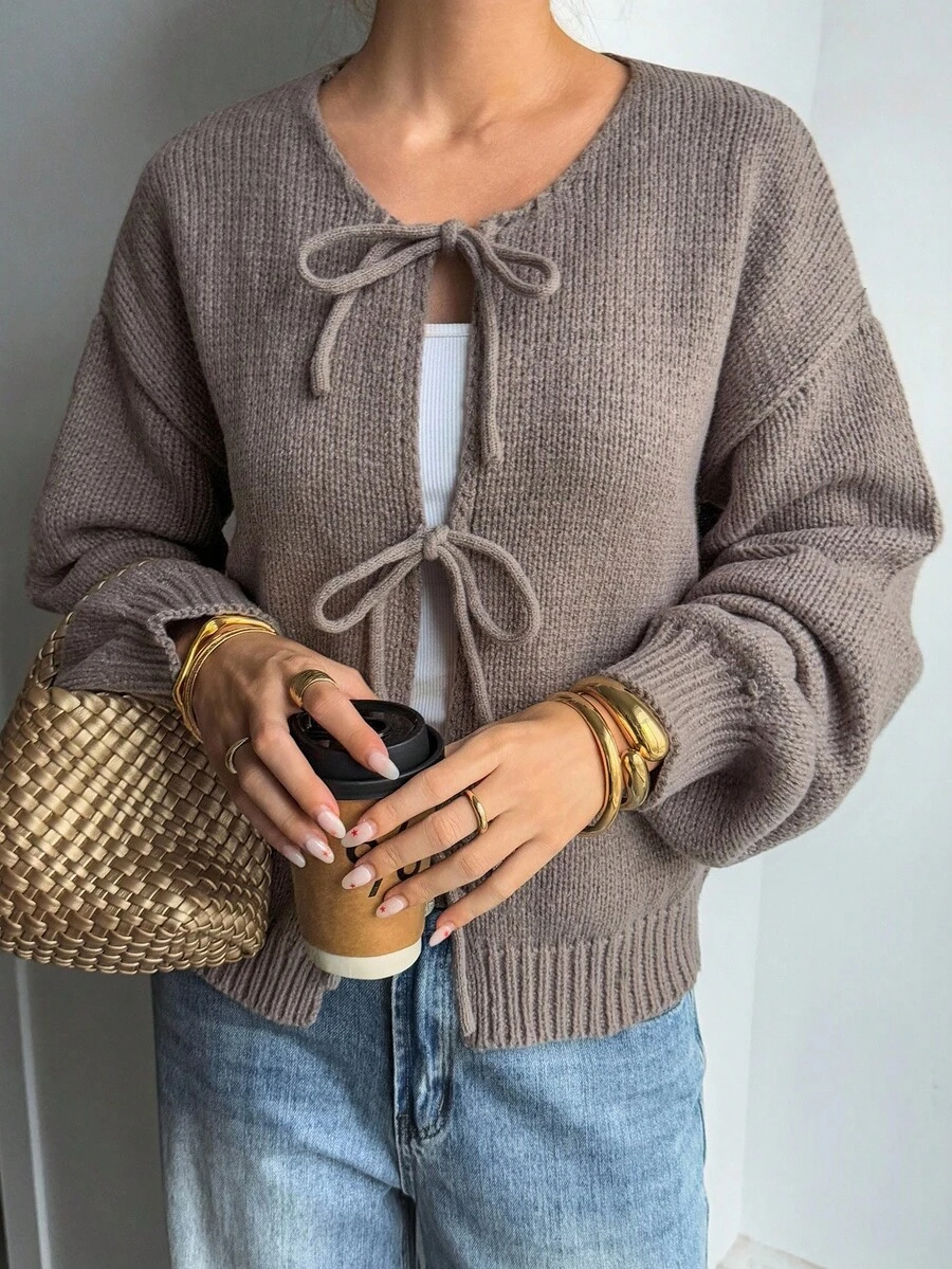 Livesso Áo len nữ buộc dây trang trí thường ngày mùa thu - Volcanic Gray - Xem 1