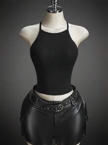 SHEIN ICON Women's Millennial Style Y2K Halloween Cosplay Sexy Personalized Avant-Garde Fashion Simple Mesh Spiderweb Pattern Black Backless Slim Top - Multicolor - View 2