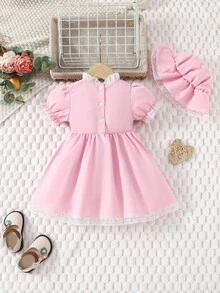 Souflis Souflis Vestido de dos piezas de encaje rosa con mangas abullonadas y gorro para niña pequeña, para uso diario y bodas, para primavera y verano - Multicolor - Ver 2