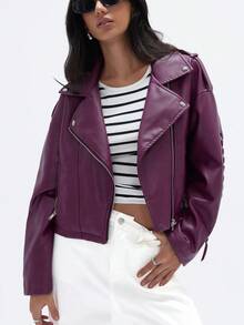 GENKIRA Retro Punk Style Cropped PU Leather Moto Jacket With Straps, Cool Design  - Purple - View 3