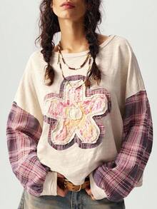 Bohemela Blusas holgadas de punto con parches, cuello redondo y manga larga caída para mujeres