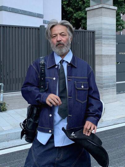 Manfinity Homme Plus Size Men's Casual Single-Breasted Denim Jacket With Pockets, Autumn