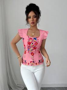 Selianne 女式花卉印花休闲衬衫，鸡心领口，飘袖 - 淺粉色 - 查看 4