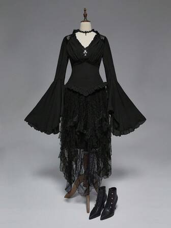 Damen Gothic Palast Stil Tiefer V-Ausschnitt Kontrast Spitze Glockenärmel Lässig Bluse, Halloween