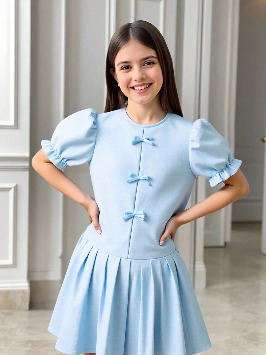 Tween 女童纯色短袖简约纹理蝴蝶结褶皱直筒连衣裙，适合夏季、度假、夏季、旅行 - 薄荷藍 - 查看 1