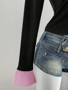 Elamini 1 件女式条纹拼接不对称下摆紧身长袖 T 恤，二合一衬衫领，时尚休闲街头风格，秋冬图案 T 恤女式春季上衣 - 彩色 - 查看 7