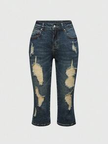 ROMWE J-Fashion Y2K Vintage Leopard Print Faux Fur & Denim Patchwork Low Waist Capri Pants - Blue - View 1