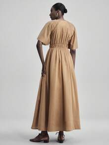 Ontre 女士褶裥插肩袖单排扣口袋休闲连衣裙，适合都市商务休闲、海滩、音乐节、万圣节、圣诞派对、优雅圣诞装扮、秋冬新年服装 - 棕色 - 查看 3