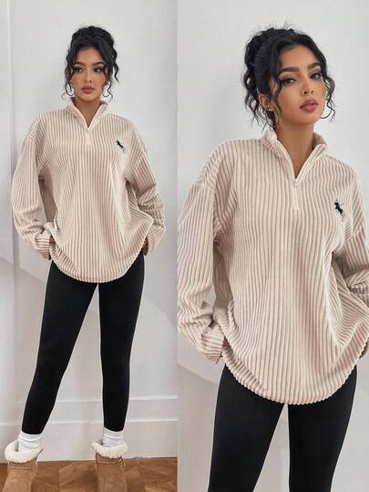 SHEIN 2pcs Women Casual Khaki Solid Color Long Sleeve Sweatshirt And Black Pants Set Ribbed Shirt Oversized Shirt Oversized Blouse Corduroy Shirt Quarter Zip Shirt Fall Cloth For Women