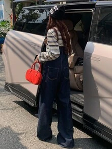 DAZY 女式不对称下摆设计休闲牛仔背带裤工装裤 - 深色水洗藍 - 查看 4