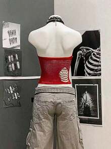 StreetHx 女士街头风纯黑色镂空钩针无袖针织上衣 - 紅色 - 查看 2