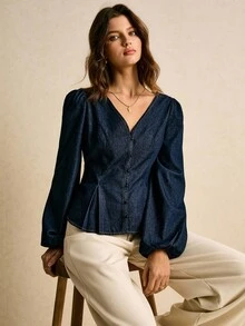 Poéselle 女式秋季灯笼袖单排扣褶边牛仔衬衫