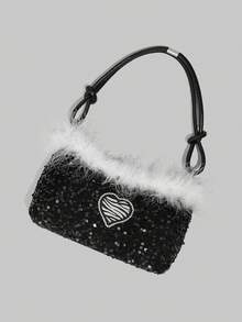 ROMWE Kawaii A Party-Style Hot Girl White Fringed Decorated Black Sequin Shoulder Bag, A Cool Girl Party Dinner Bag, Suitable As A Gift For Valentine's Day, Wedding Season, Birthday Or Festival, A Heart Decorated Party Underarm Bag - Multicolor - View 7