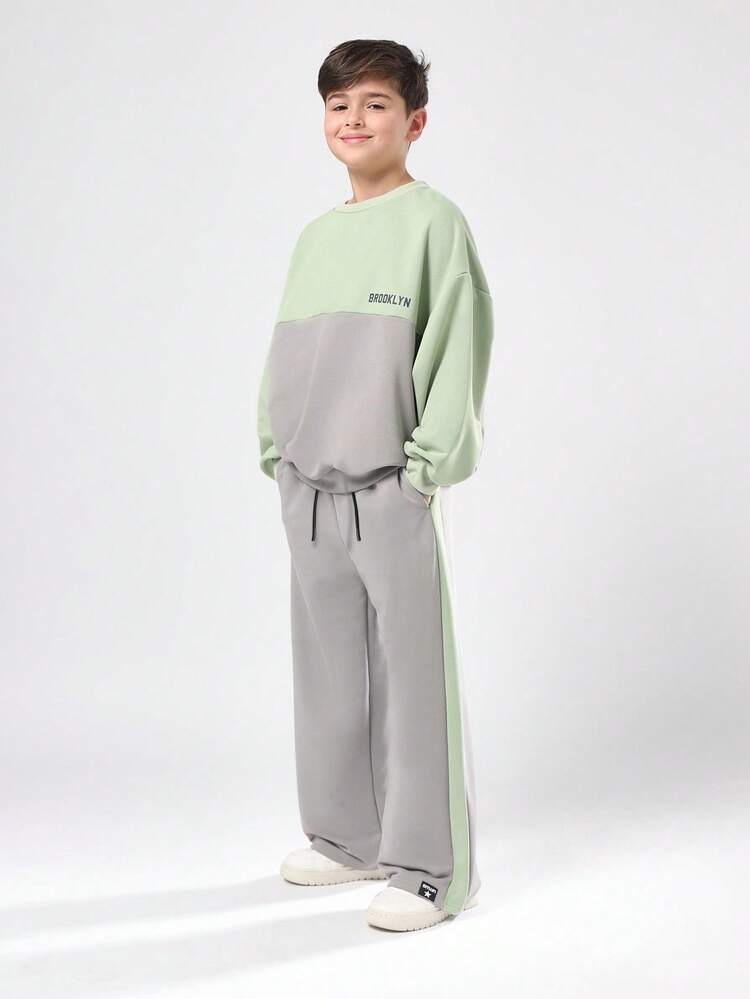 Color Block Sweatshirt And Wide Leg Pants Set With Brooklyn Text