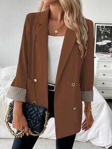 Franclia French Plaid Sleeve Cuff Slightly Fitted Commuter Casual Summer Blazer Brown BrunoWomen's Summer Jacket, Three-Quarter Sleeve Suit Jacket, Summer Outerwear, Casual Jacket, Versatile Suit Jacket - Bronze - View 3