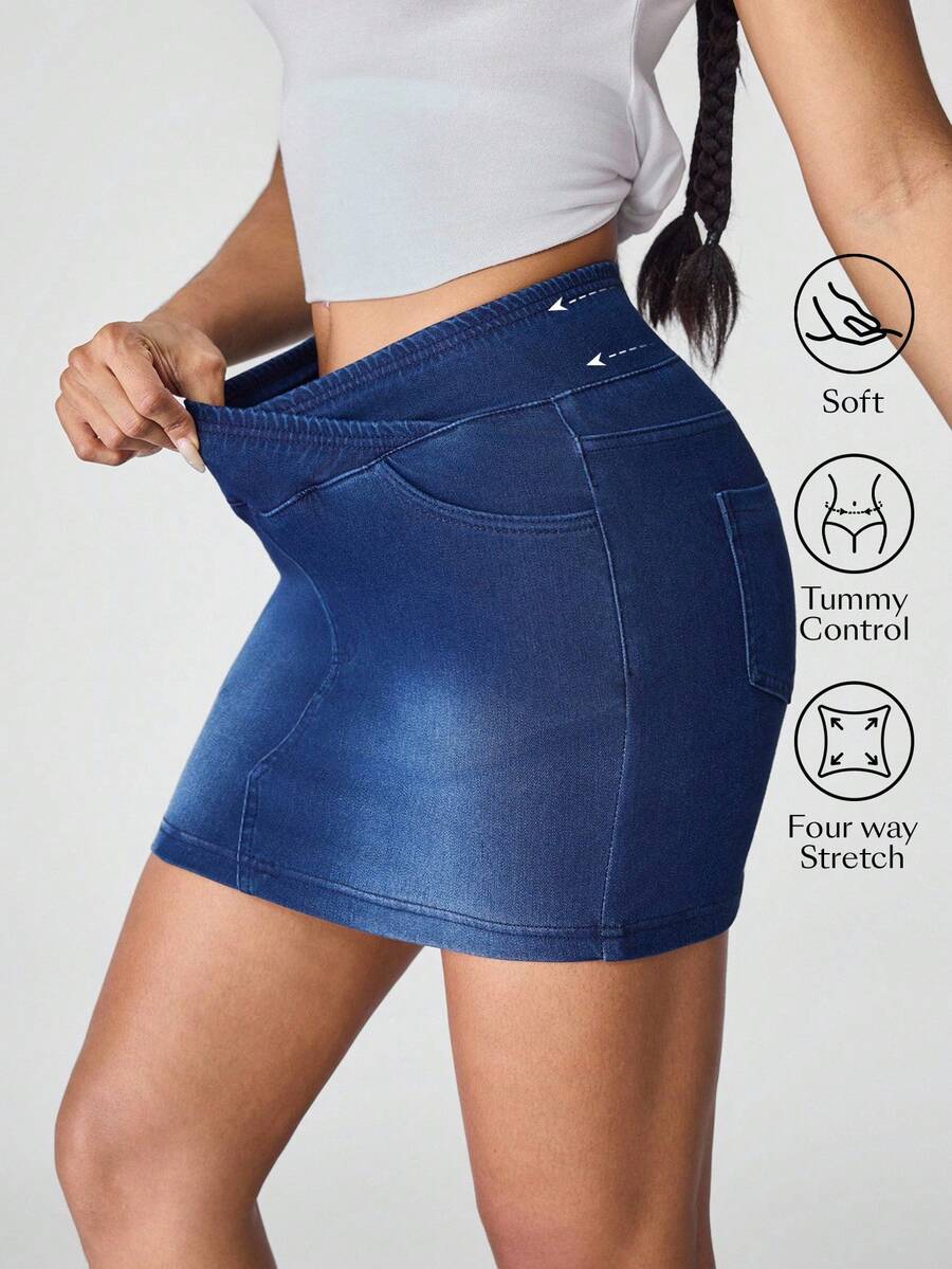 Flexra Women's Asymmetric Waist Bodycon Stretch Denim Mini Skirt - Blue - View 1