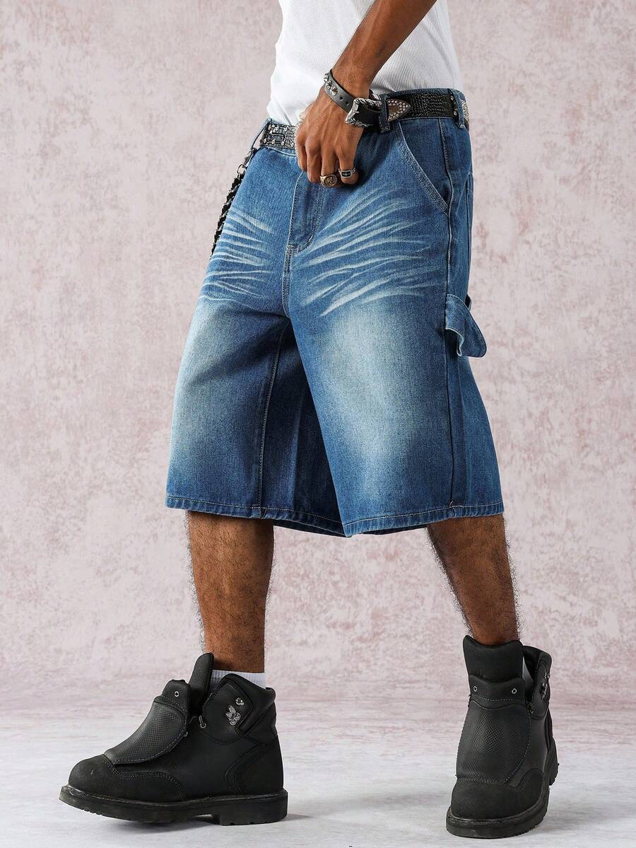 Manfinity EMRG 男士休闲水洗宽松牛仔短裤 - 藍色 - 查看 1