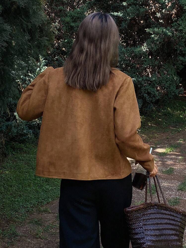 Women's Solid Color Loose Long Sleeve Stand Collar Metal Zipper Suede Jacket, Autumn Outerwear