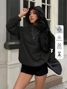 SHEIN EZwear 黑色连帽风衣夹克，落肩半透明梭织面料，四分之一拉链套头衫，女式连帽衫，秋季 - 黑色 - 查看 5