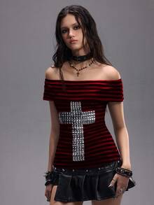 ROMWE EDITION Punk Sexy Y2K Striped Rivet Cross Women's Slim Fit T-Shirt - Multicolor - View 9