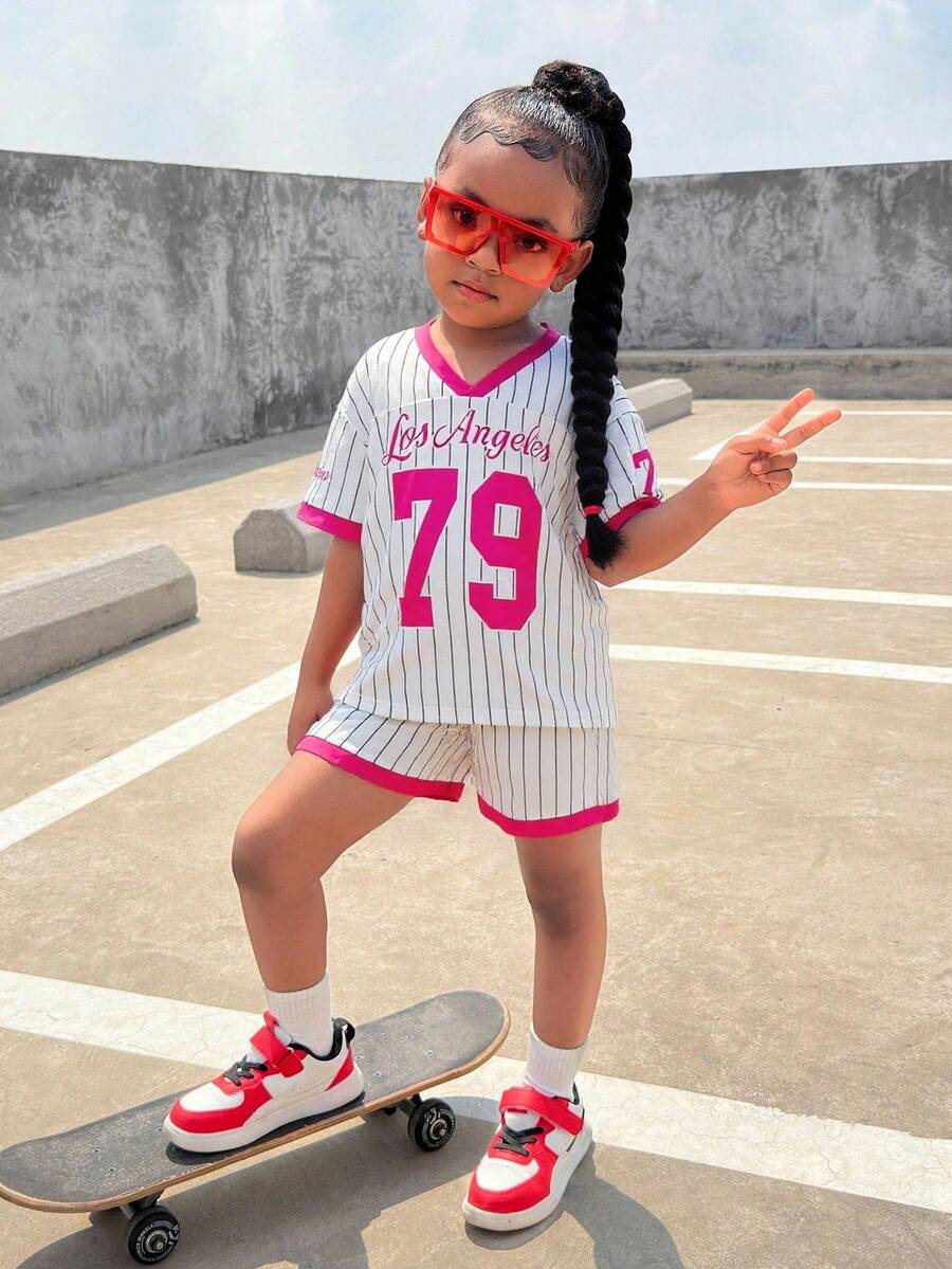 2件套少女针织数字图案条纹V领宽松T恤和短裤套装 - 白色 - 查看 1