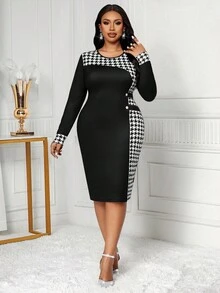 SHEIN Lady Robe ajustée élégante de style navette en patchwork pied-de-poule - Noir et Blanc - Voir 4
