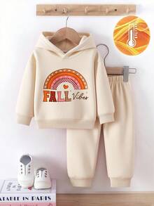SHEIN 2 件套女婴服装，时尚简约彩虹字母印花连帽衫和裤子套装，适合秋冬季外出 - 杏色 - 查看 3