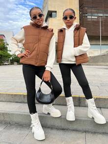 SHEIN 3 件套青少年女孩休闲无袖中式领夹棉大衣、长袖运动衫和紧身裤套装，秋冬装 - 彩色 - 查看 4