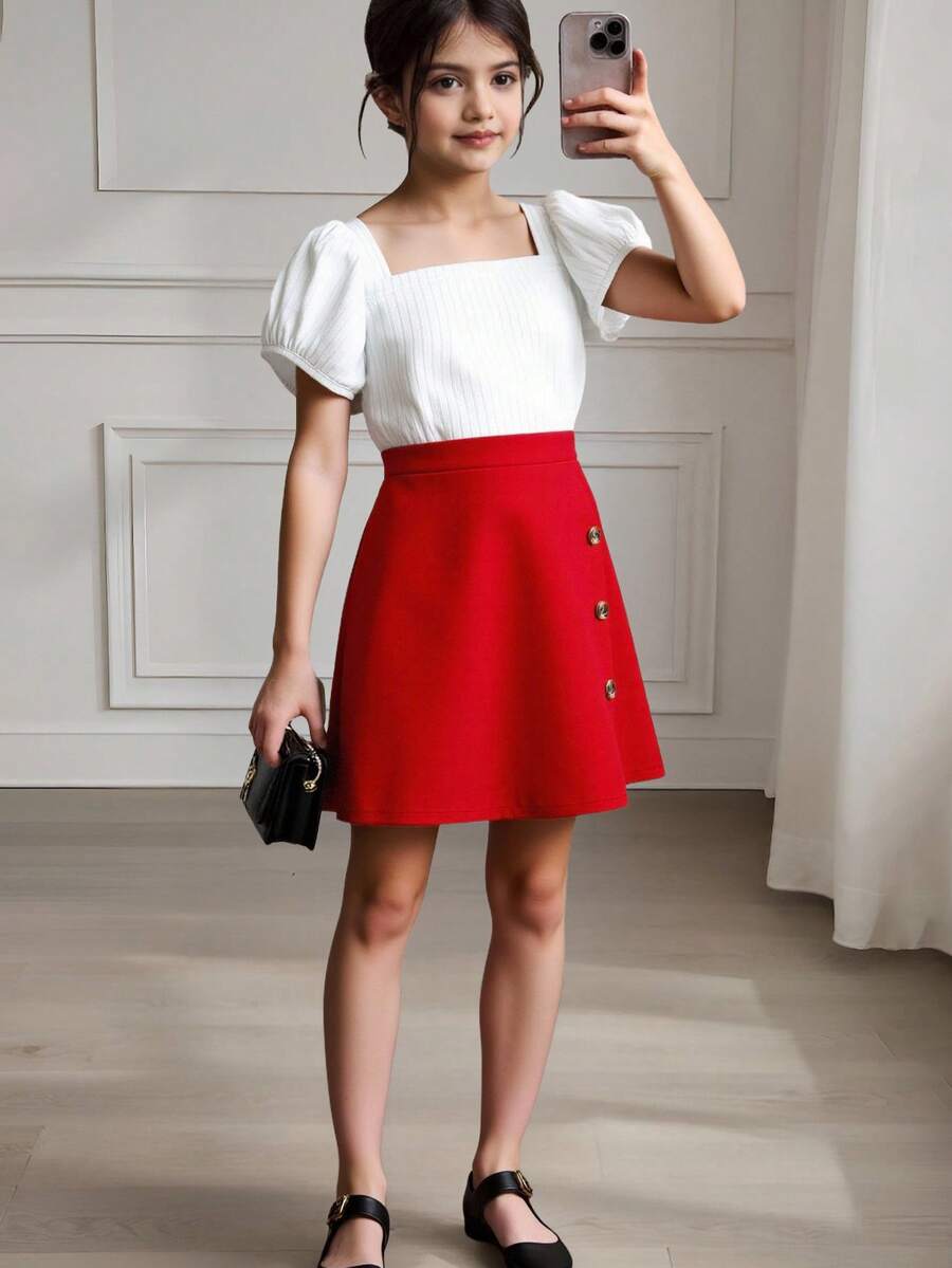 Tween Girl Puff Sleeve Top And Skirt Two-Piece Set - Multicolor - View 1