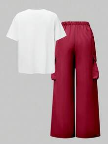 SHEIN 青少年女孩 2件/套 短袖字母印花圓領T恤 + 工裝長褲，休閒街頭風，夏季舒適套裝 - 紅色 - 查看 6