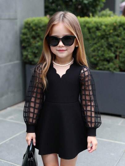 Babygirl Cute & Elegant Black Contrast Mesh Plaid Long Sleeve Dress Fall Winter