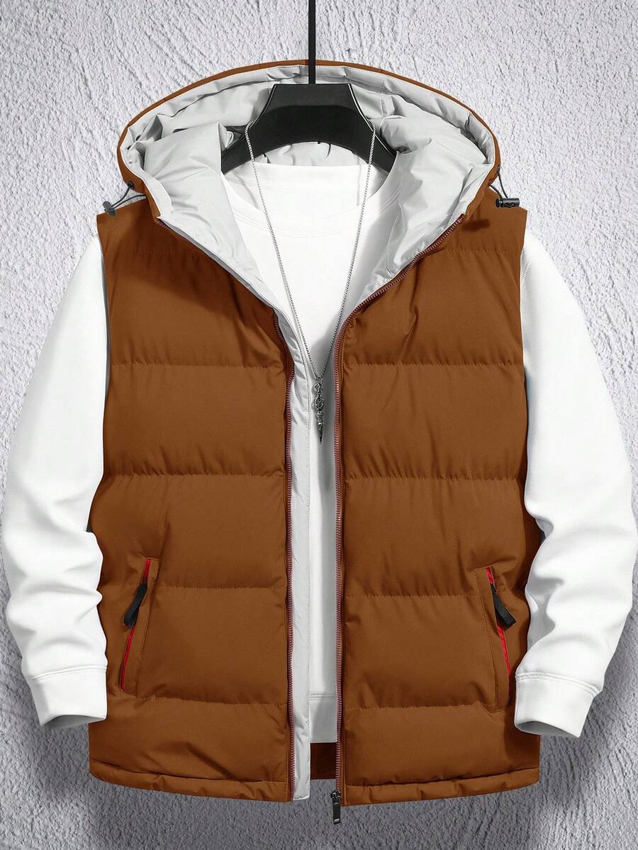 Manfinity Homme 1pc Loose Fit Men's Zipper Hooded Puffer Vest Coat, Fall Winter - Camel - View 1