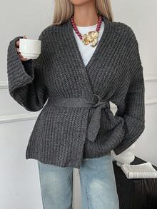 Livesso Grey Loose Casual Wrap Style Cardigan For Women, Autumn/Winter - Grey - View 3