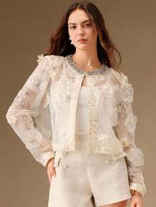 Anewsta 3D Beaded Floral Sheer Collar Handmade Sequins Round Neck H-Line Long Sleeve Jacket, Suitable For Fall, Winter, Spring, New Year, Party, Wedding, Elegant, Chic, Stylish, Christmas, Festival, Holiday, Casual Wear