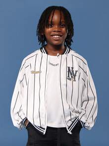 SUMWON NY Baseball Inspired Varsity Mesh Bomber Jacket Striped Pattern Retro Design Kids Youth Fashion Outerwear Streetwear Casual Collection Back To School Comfortable Boys Jacket Fall Winter - Black and White - View 1