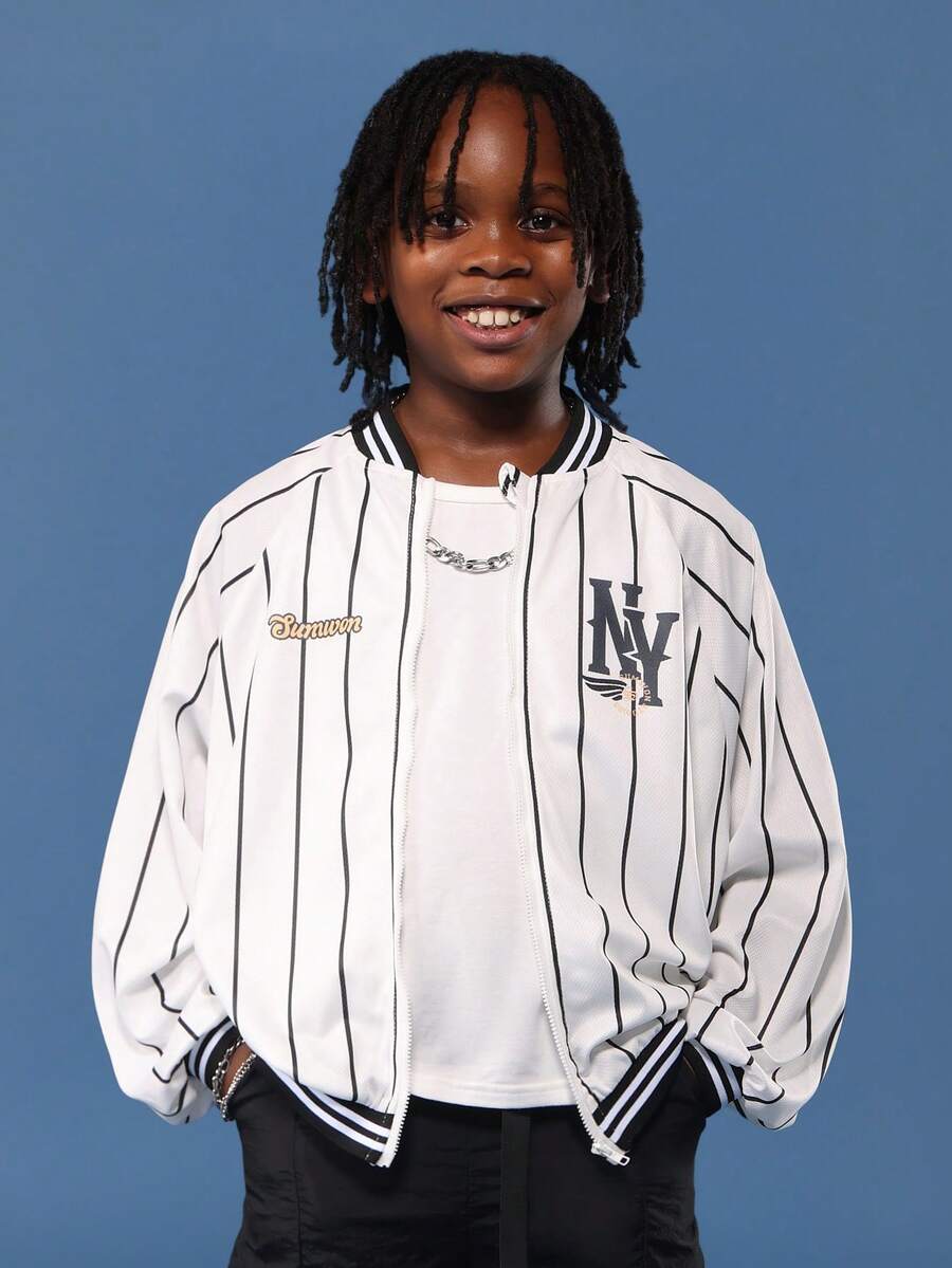 SUMWON NY Baseball Inspired Varsity Mesh Bomber Jacket Striped Pattern Retro Design Kids Youth Fashion Outerwear Streetwear Casual Collection Back To School Comfortable Boys Jacket Fall Winter - Black and White - View 1