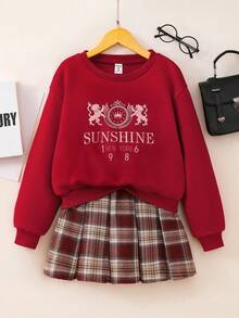 冬季服装、冬季套装、儿童冬季服装、秋季服装、万圣节、万圣节服装、圣诞节服装、2件套女童复古休闲英伦印花长袖抓绒卫衣和格子百褶裙套装，适合秋冬季日常休闲穿着 - 彩色 - 查看 5