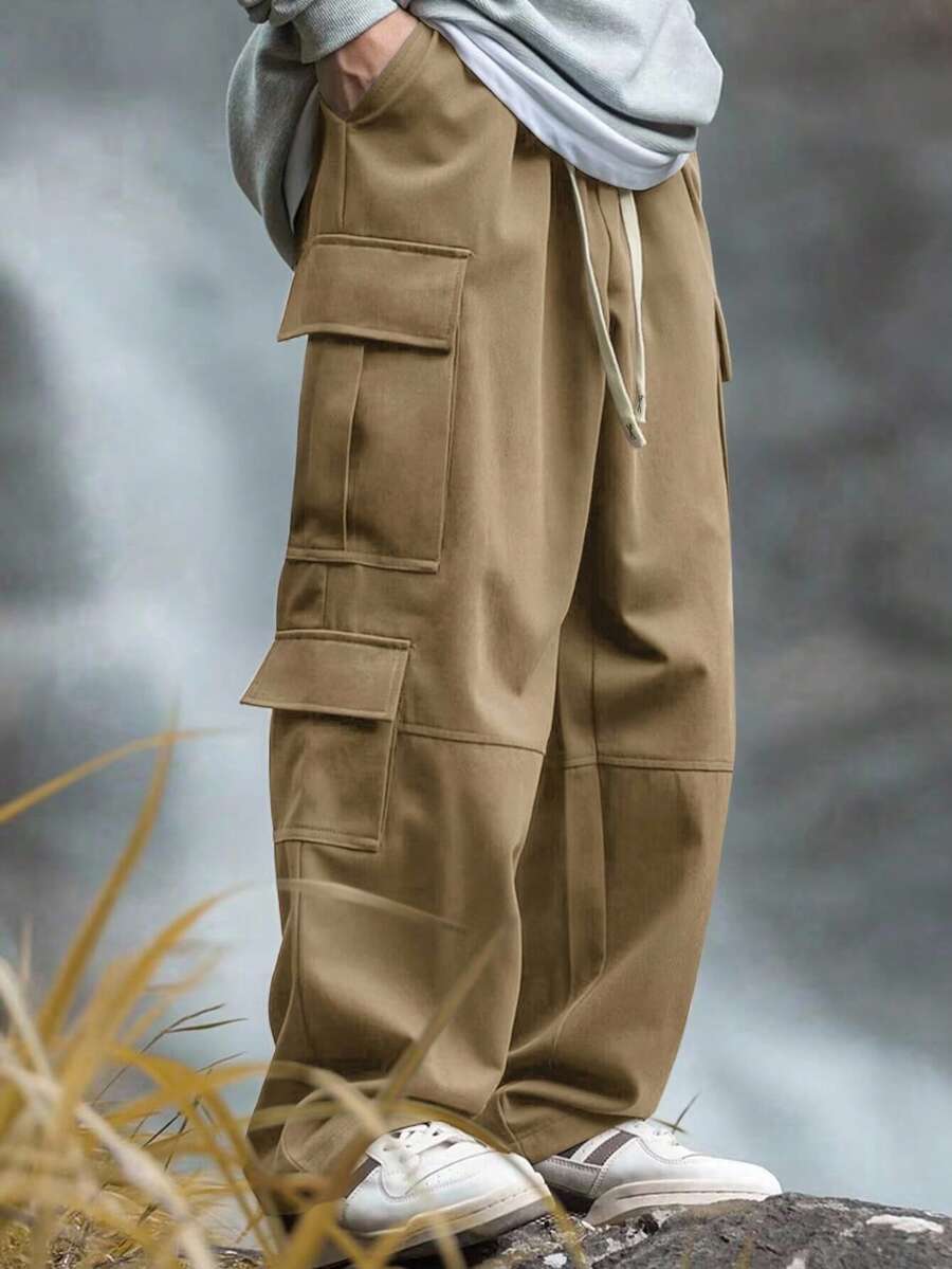 Manfinity Hypemode Men's Solid Color Drawstring Waist Multi-Pocket Loose Fit Wide Leg Casual Pants, For Fall - Khaki - View 1