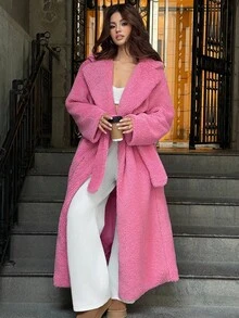 SHEIN ICON 女士粉色翻领泰迪外套，适合秋冬季外出 - 粉色 - 查看 7