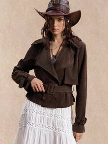 Easelle Cowgirl Women's Western Vintage Bohemia Dark Brown Woven Women's Lapel NeckLong Sleeve Double-Breasted Casual Trench Coat Fall Winter Clothes Women, - Coffee Brown - View 10