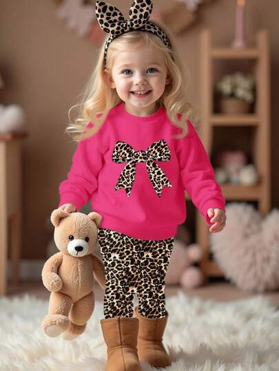 SHEIN 女婴休闲针织厚圆领长袖运动衫和紧身裤套装，复古豹纹蝴蝶结图案，粉色