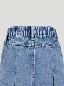SHEIN Váy denim xếp ly cạp chun cổ điển thời trang đa năng thoải mái giản dị tối giản cho bé gái tuổi teen - Rửa nhẹ - Xem 5