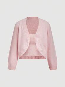 Chiquease 2pcs Set: Solid Color Cardigan And Tube Top Sweater - Pink - View 1