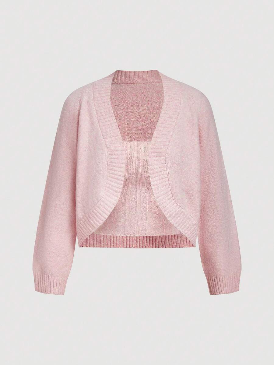 Chiquease 2pcs Set: Solid Color Cardigan And Tube Top Sweater - Pink - View 1