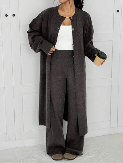 SHEIN EZwear Kaffebrun Casual Långärmad Enkelknäppt Lång Stickad Kofta, Höst