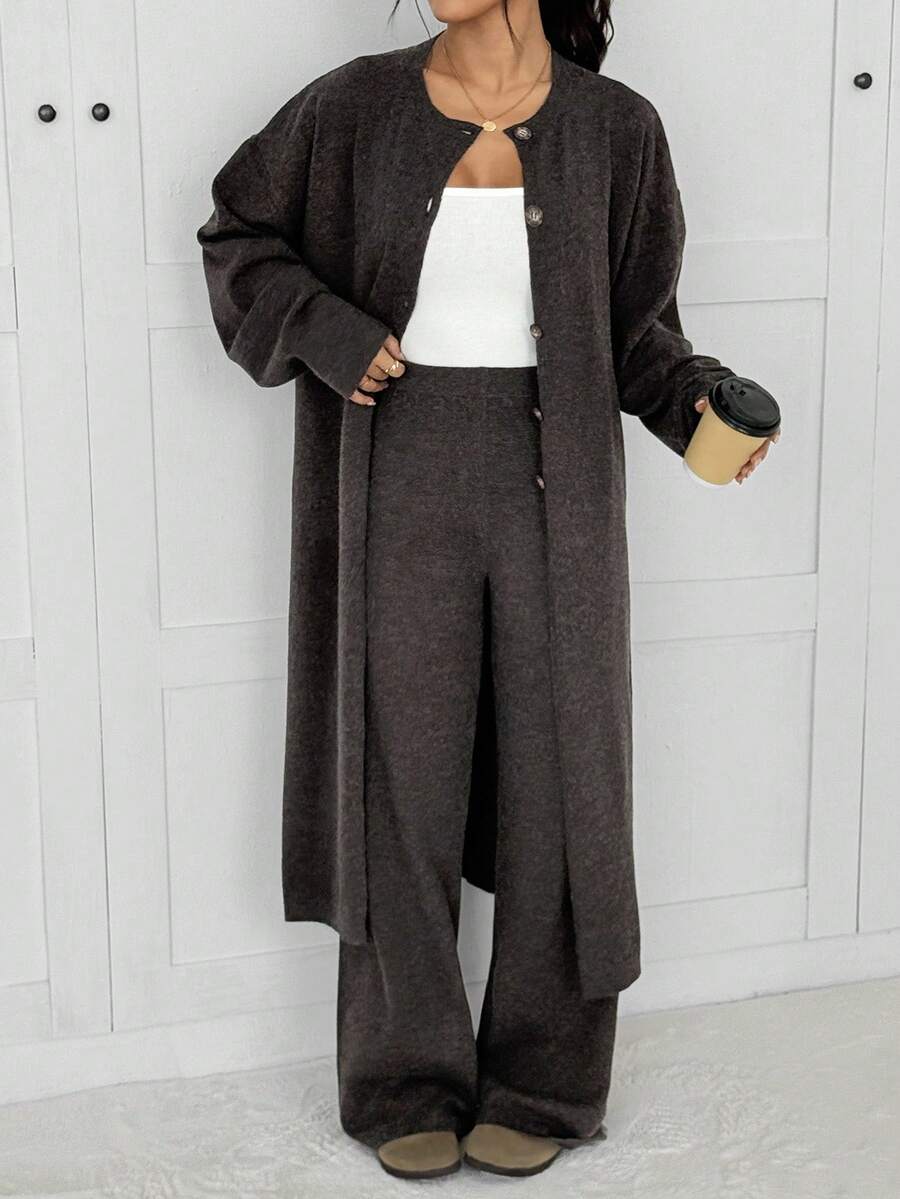 SHEIN EZwear Brown  New Autumn Clothes Coffee Brown Casual Long Sleeve Single-Breasted Long Knitted Cardigan, Autumn,Cozy Fall And Winter Clothes For Women Brown - Coffee Brown - View 1