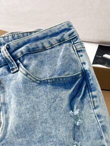 Comfortcana EZwear 女式性感修身弹力蝴蝶结装饰蓝色高腰喇叭牛仔裤 - 藍色 - 查看 5