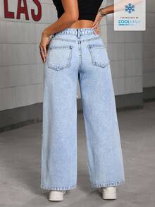 SHEIN PETITE Quần Jeans Ống Rộng Rộng Phong Cách Đường Phố Đơn Giản Cho Nữ - Rửa nhẹ - Xem 2
